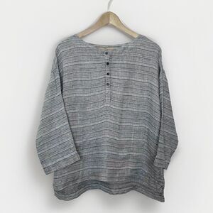 J. Jill Sz Medium Gray Pure Linen Pullover Henley Blouse Pockets Lagenlook